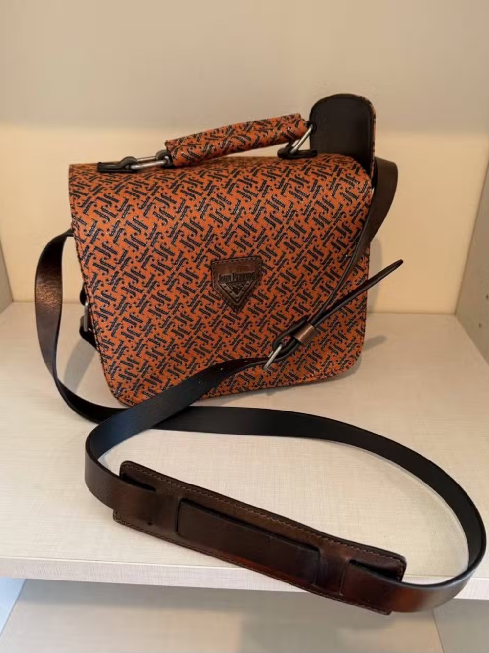Rare Discontinued John Fluevog 'Stephanie' Camera Style Bag - Orange JF Monogram